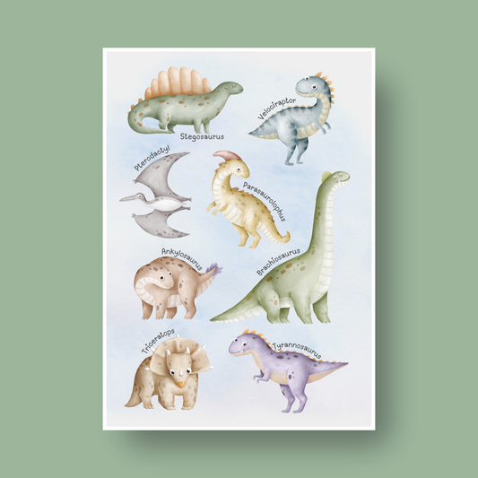 Dinosaurer vannfarger med navn - digital fil